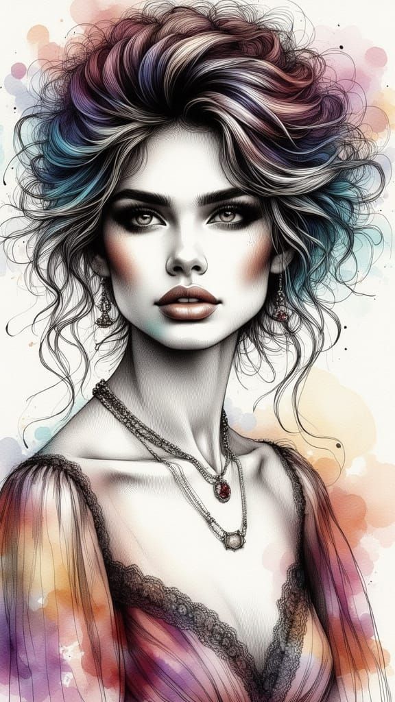 Captivating Watercolor Portrait of Woman with Delicate Jewel...