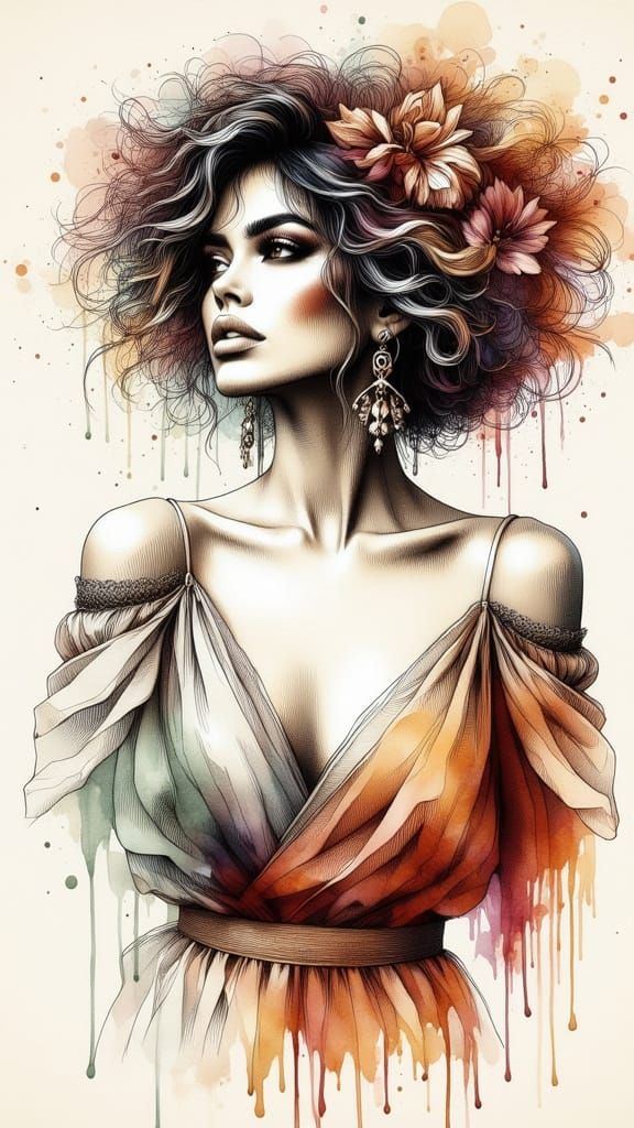 Watercolor Portrait of Woman with Delicate Jewelry