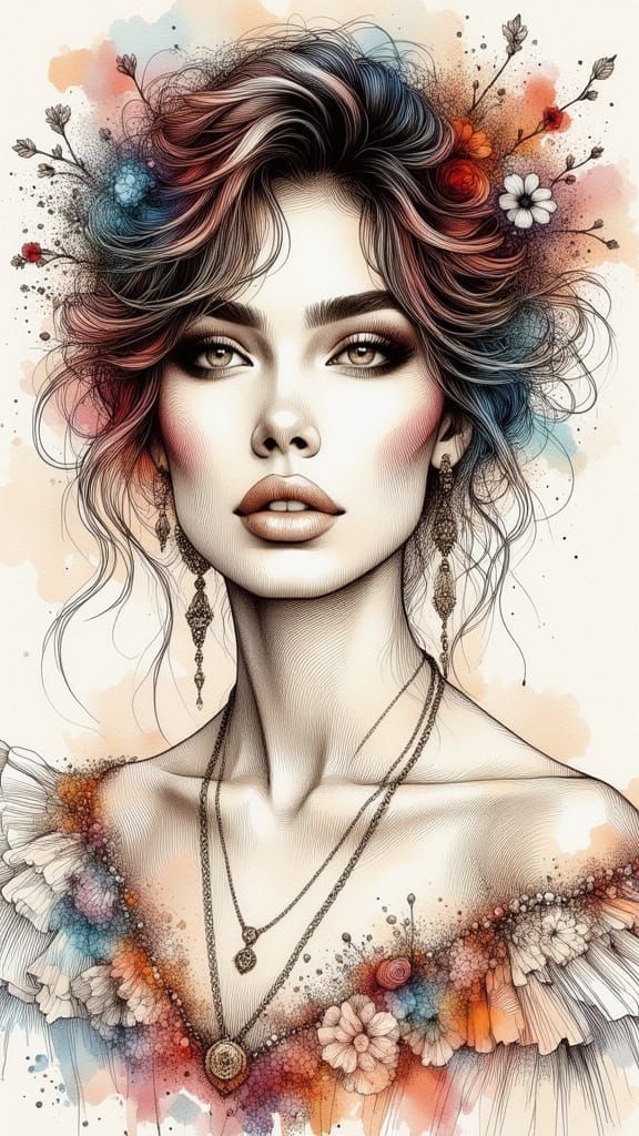 Elegant 1800s Portrait in Ink and Watercolor