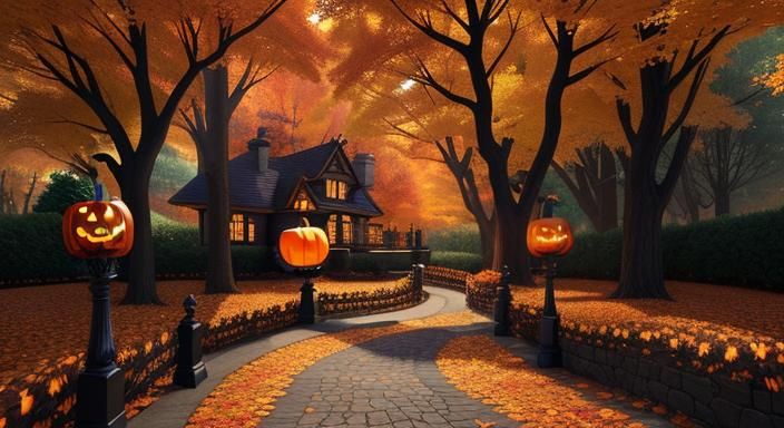 Halloween Pathway with Glowing Pumpkins, Hyperdetailed Art