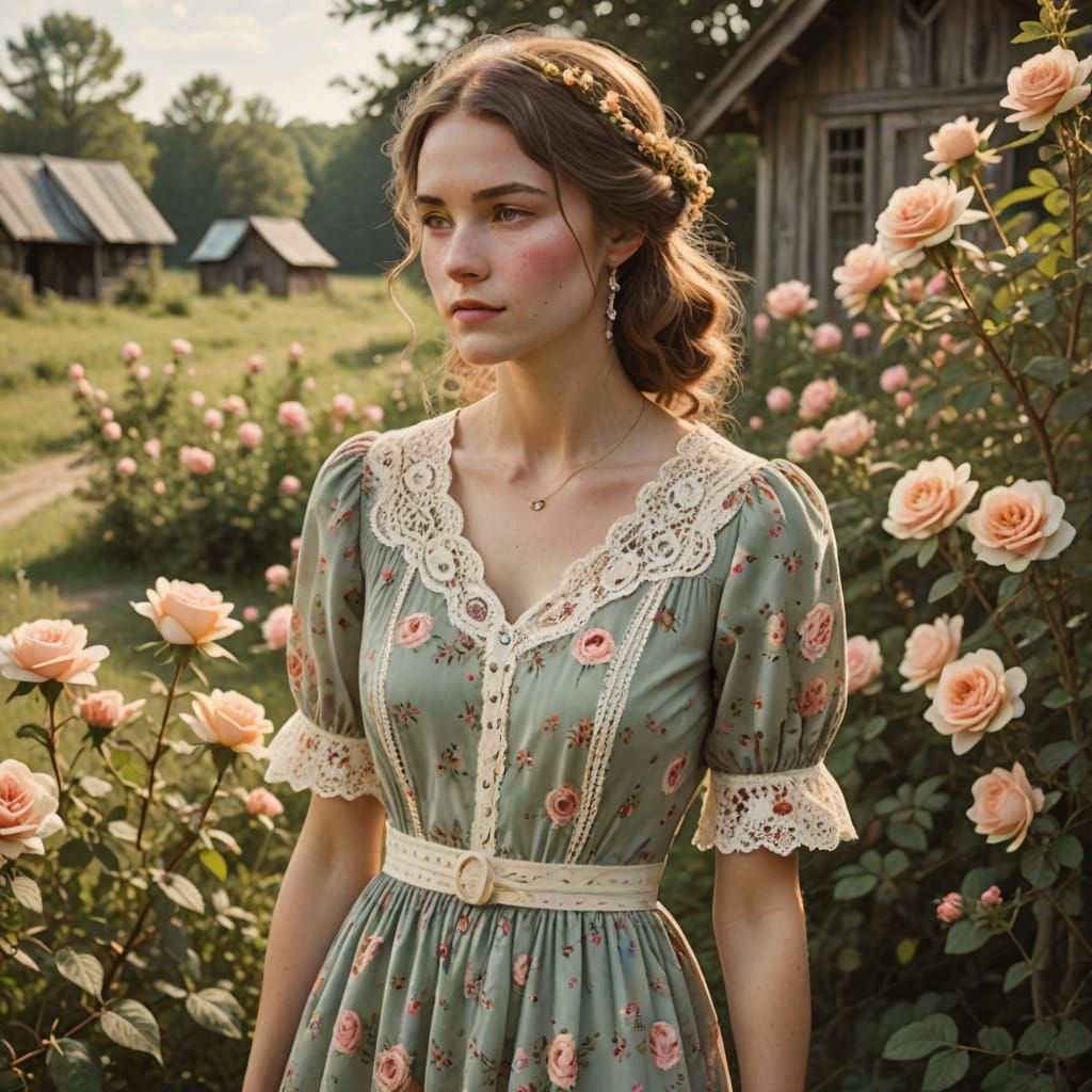 Woman in Honeysuckle Rose Dress, Folk Art Style