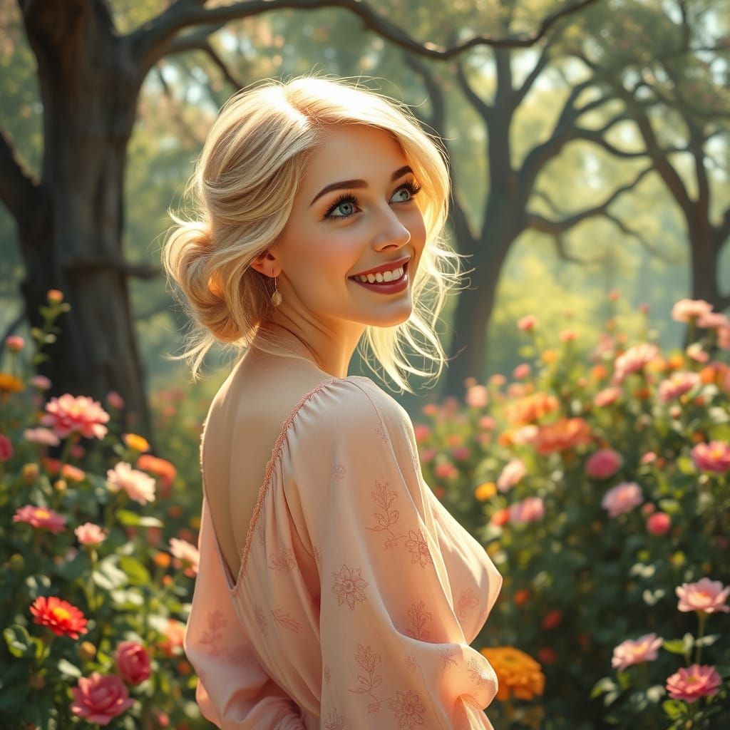 Ethereal European Woman in Pastel Pink Gown Surveys Vibrant ...