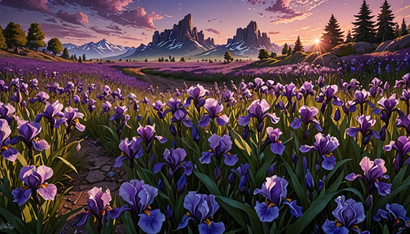 Purple Sunset Over Lavender and Iris Flower Field