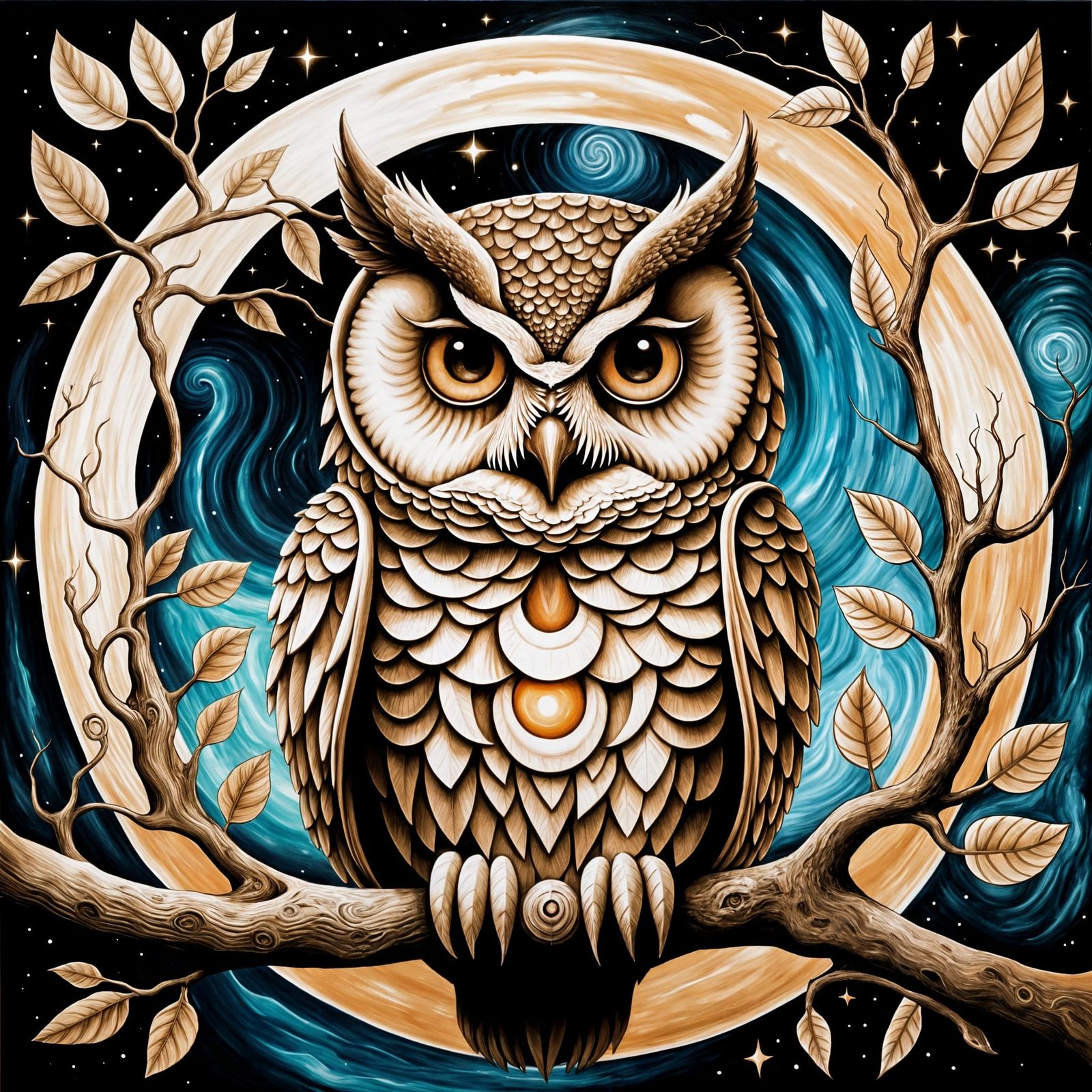 hyperdetailed Metaphysical Painting owl branch aurora mysterious ouroboros sepia futurism