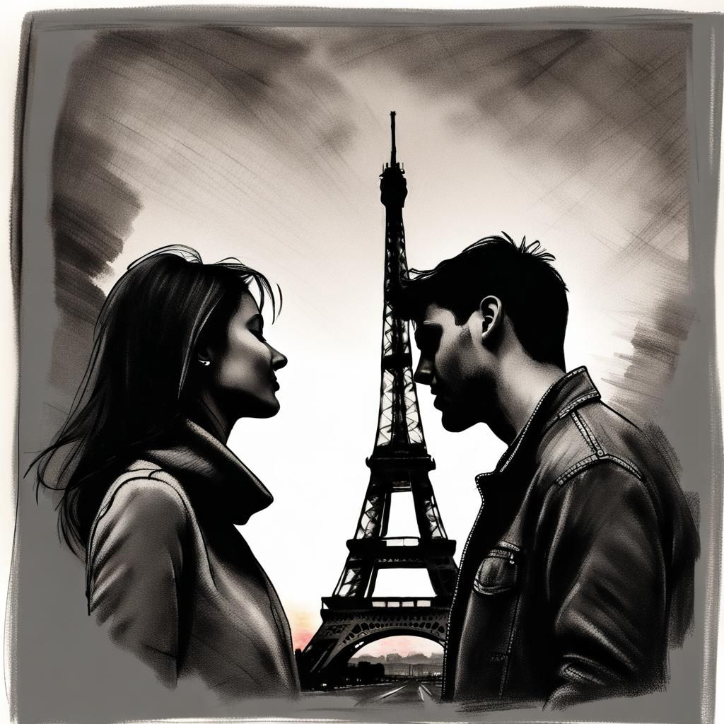 Romantic Charcoal Sketch of Kissing Couple at Eiffel Tower
