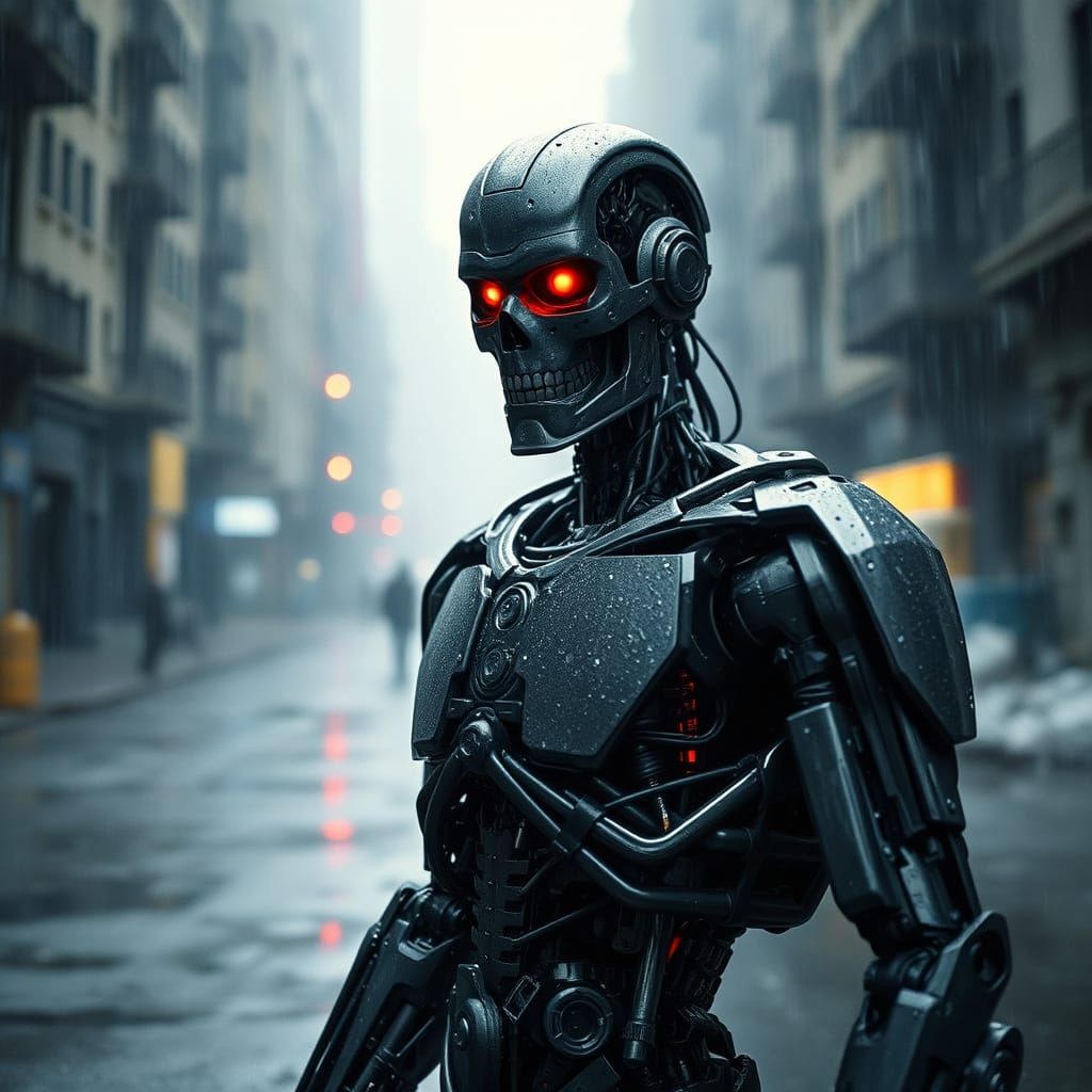 Terminator Robot in Ruined City: Cinematic Film Still