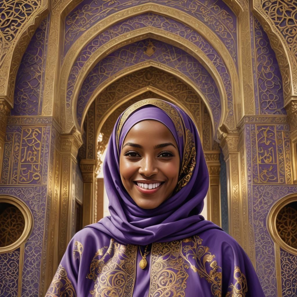 Muslim Woman in Violet Abaya: Hyperrealistic Airbrush Art