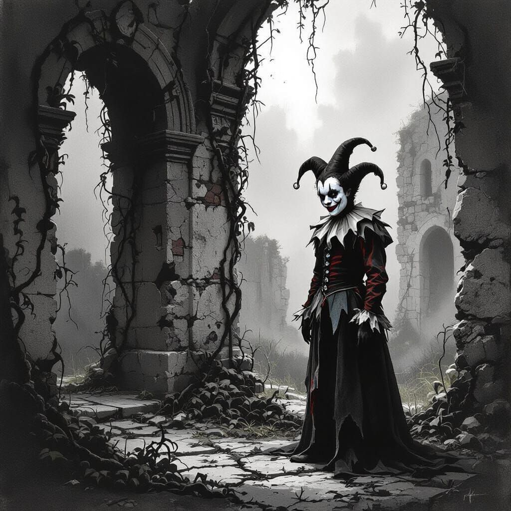 Melancholy Jester in Overgrown Ruin