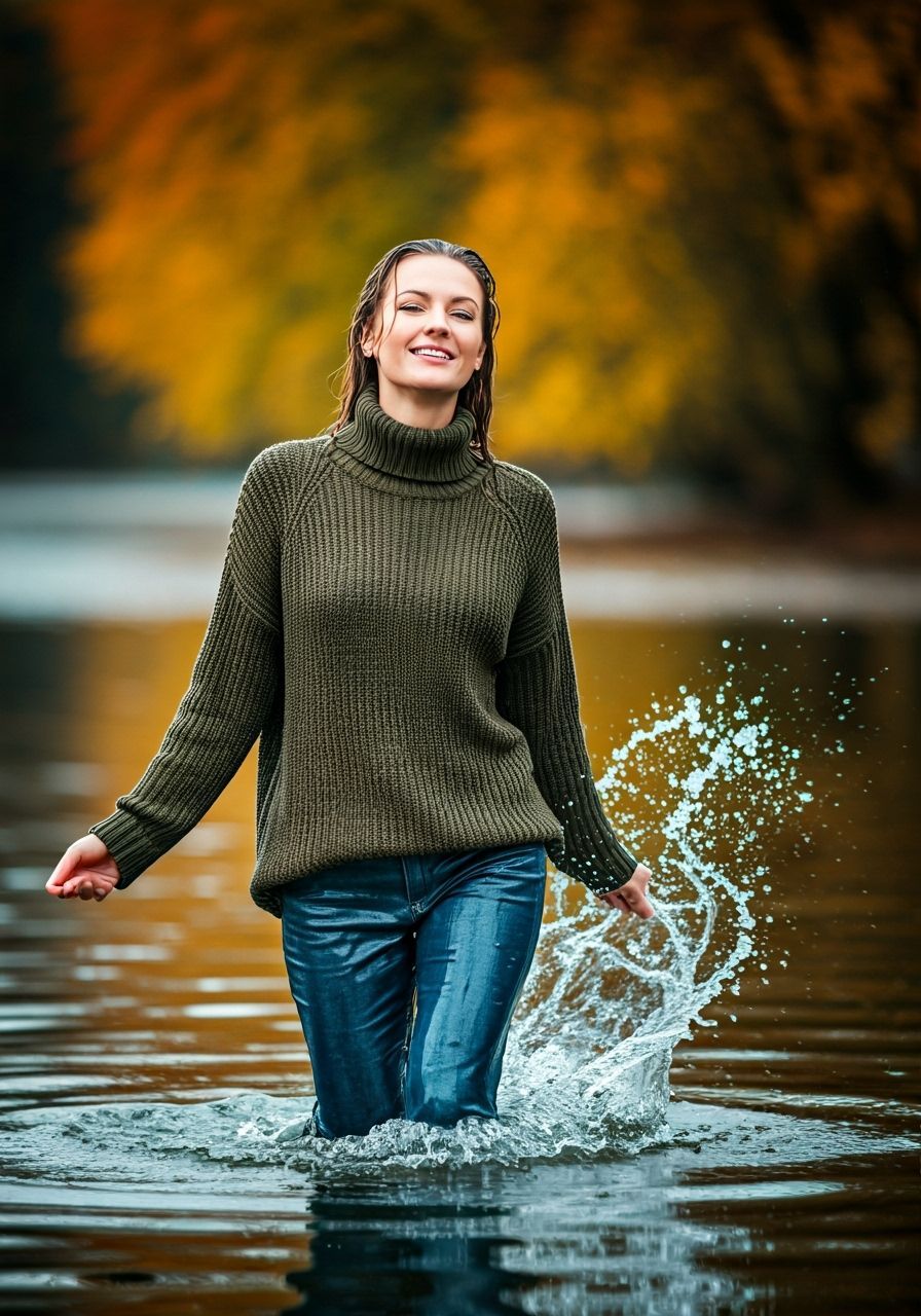 Woman Splashing in Autumn Water with Wet Sweater