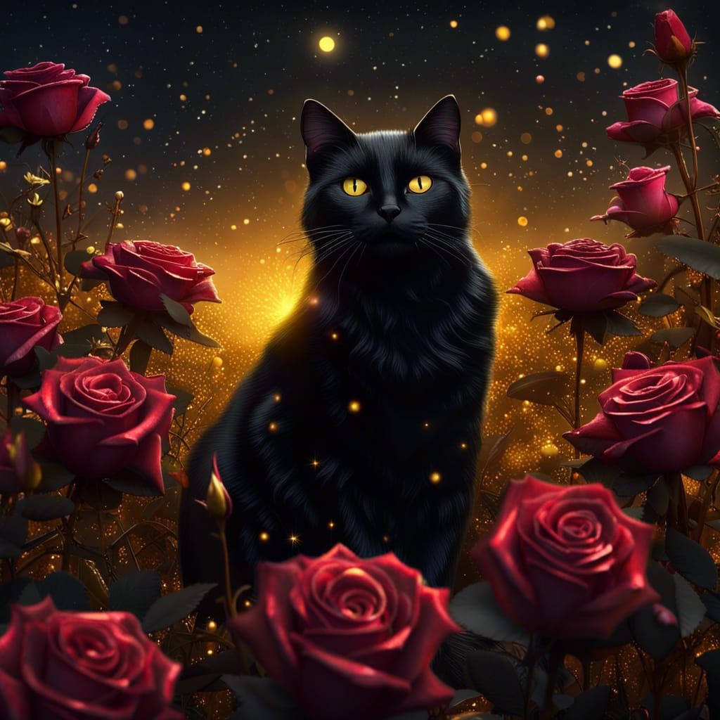 Golden-Eyed Black Cat in a Golden Rose Field