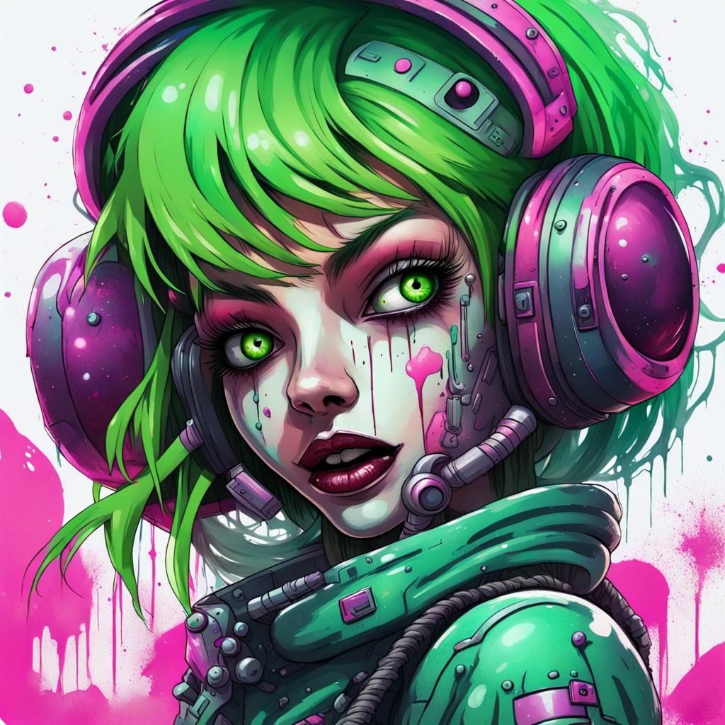 Cyborg Ghoul Girl with Green Hair in Graffiti Style