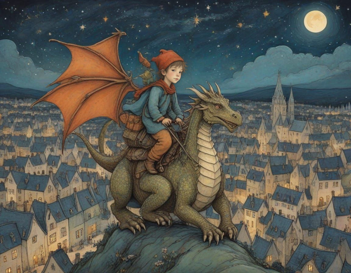 Starry Night Dragon Ride in Whimsical Style