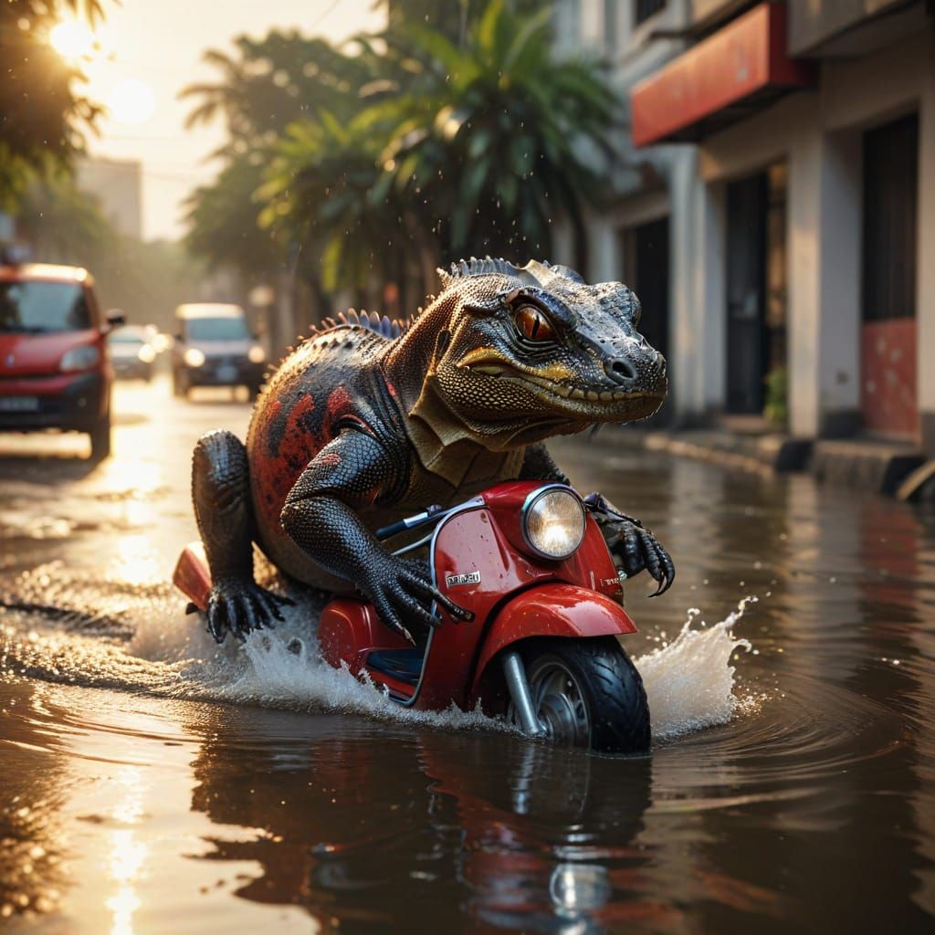 Komodo Dragon Rides Scooter in Flooded Jakarta Street