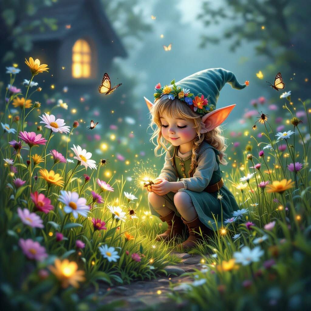 Enchanted Elf Home Among Glowing Wildflowers