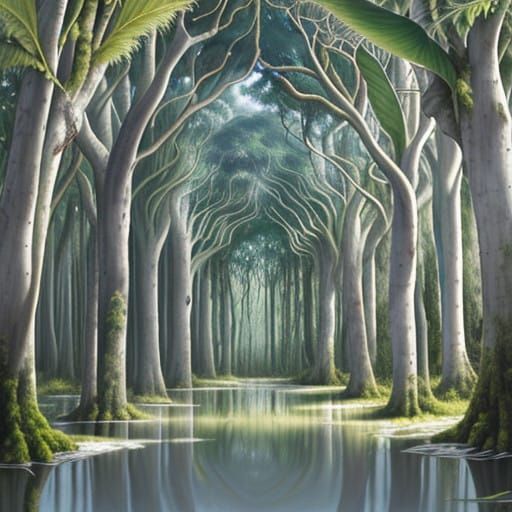 Mysterious Rainforest Landscape in Intricate Oil on Canvas S...