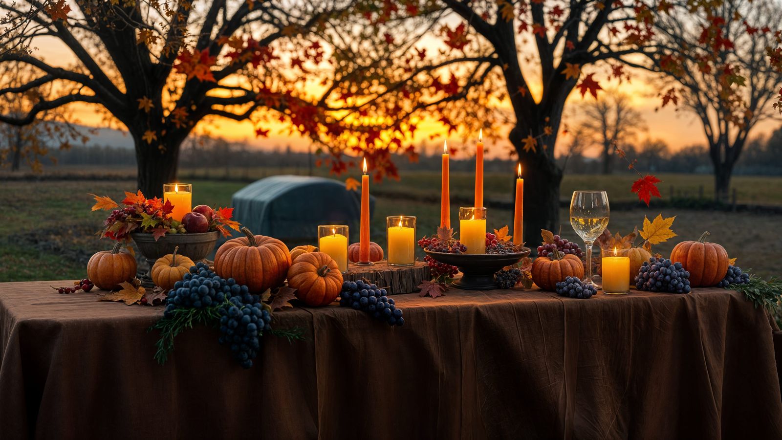 Autumn Harvest Table at Twilight with Candles