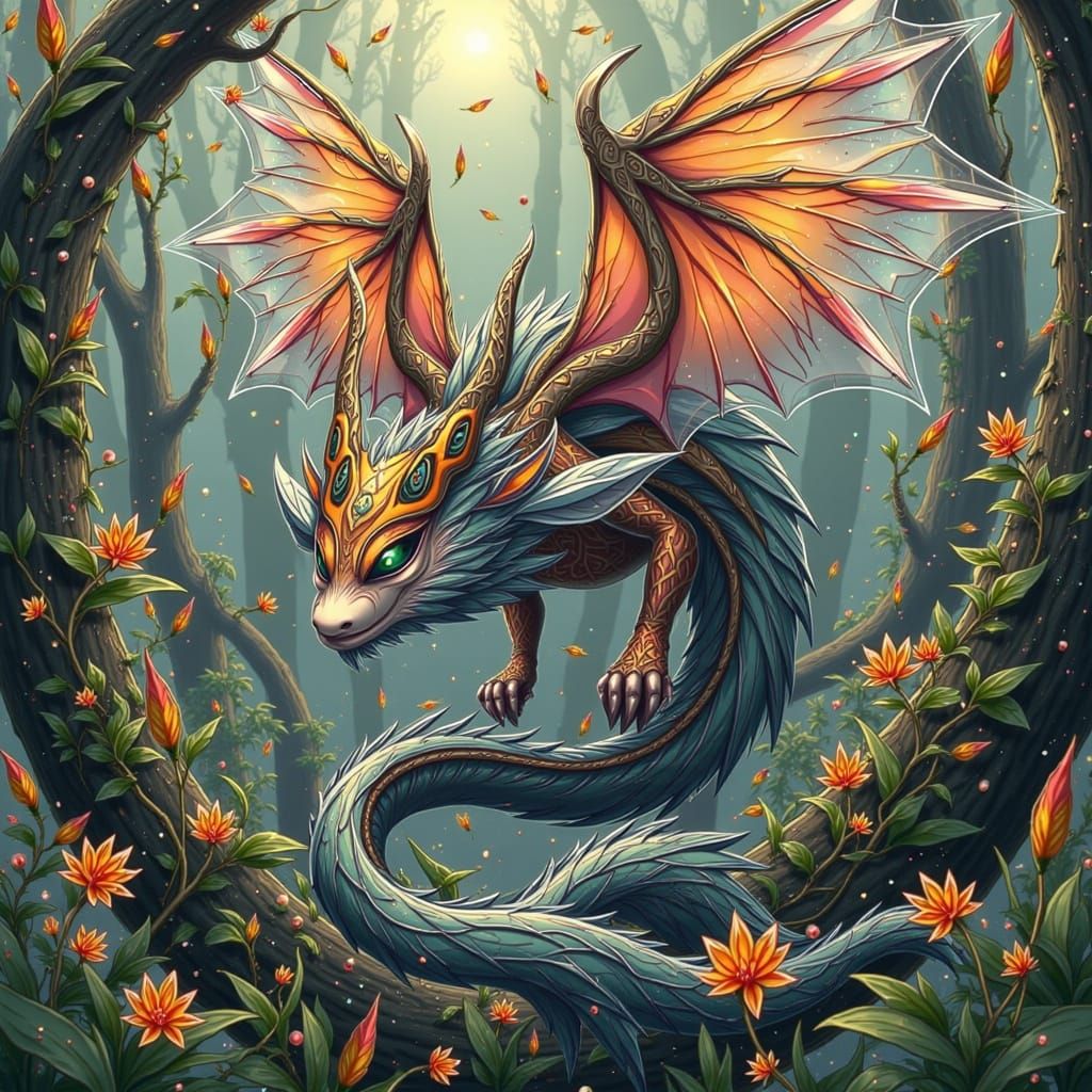 Forest Dragon in Dreamlike Sand-Painting Style