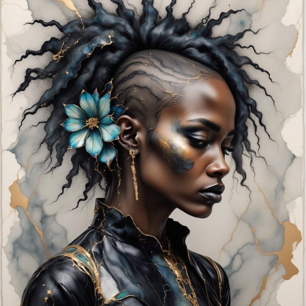 Goth Woman Portrait in Alcohol Ink Marble Style