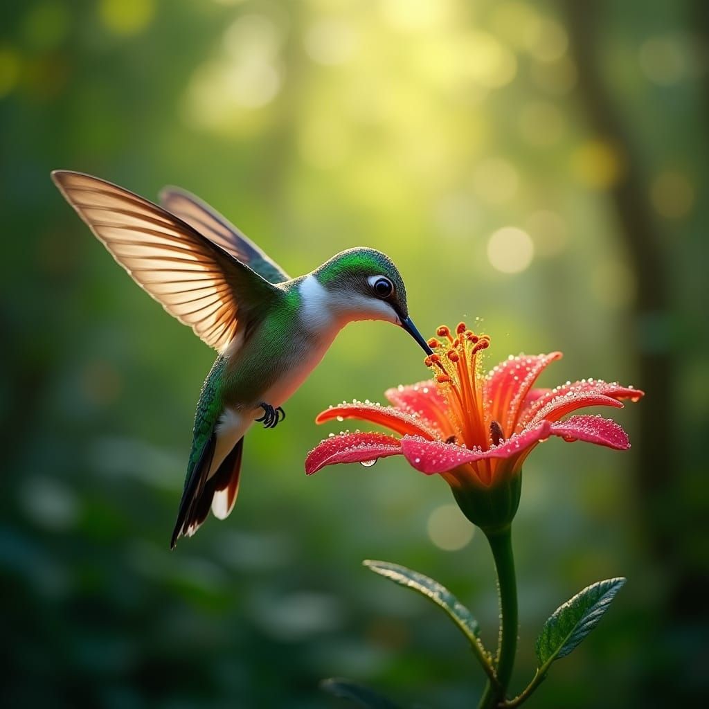 Hyperrealistic Hummingbird Sipping Nectar in Lush Forest