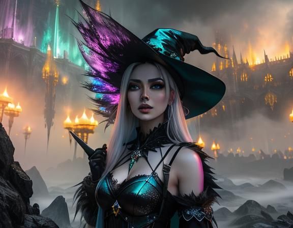 Dark Fantasy Witch in Neon Mist: Digital Art
