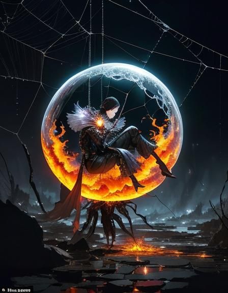 Spider Mage with Cracked Moon Sphere, Ink Art