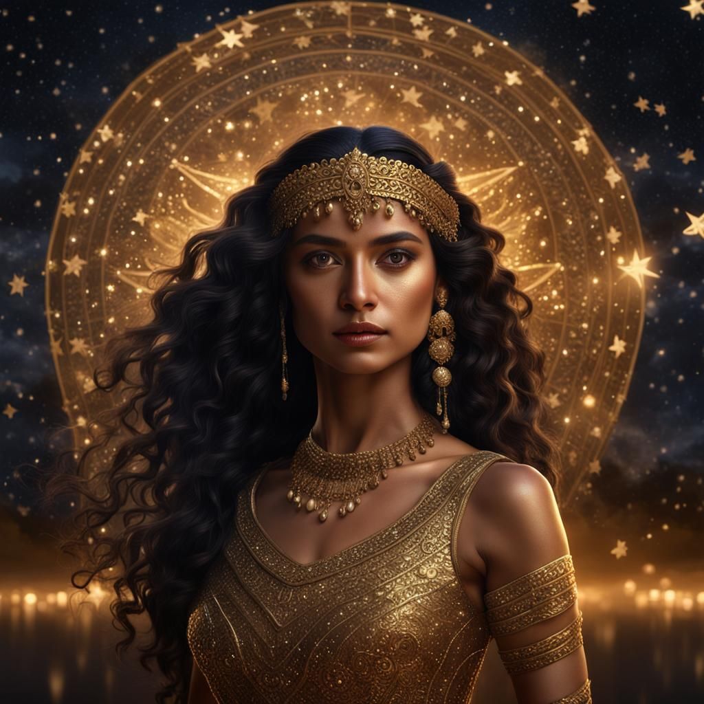Hyperrealistic Amerindian Woman in Gold Dress at Night