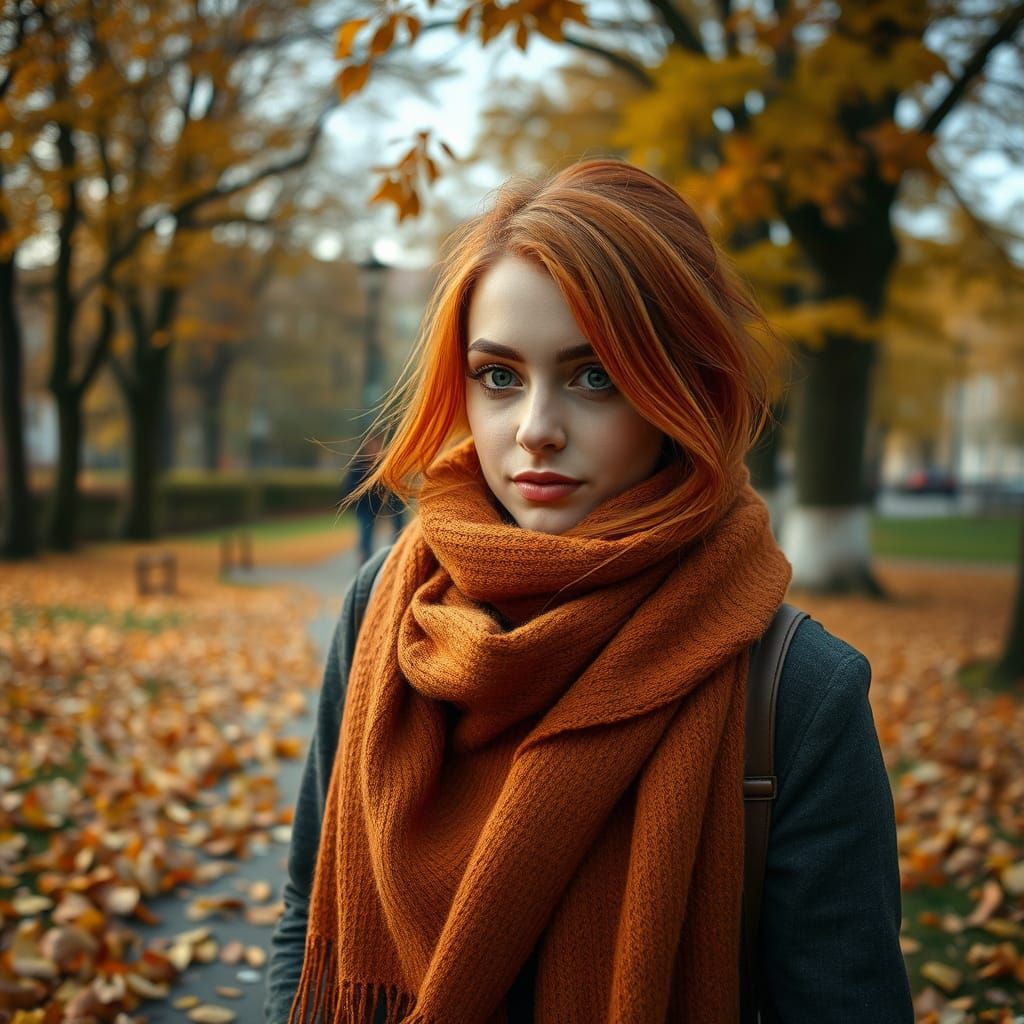 Autumn Park Scene with Woman in Warm Tones
