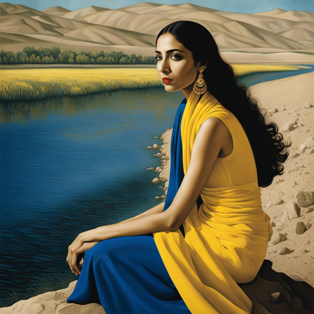 Woman at Riverbank in Portrait Illustration Style