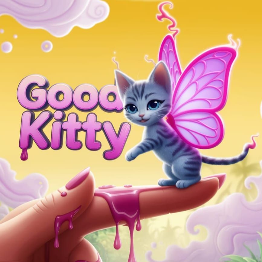A 3d digital Pixar style, whimsical comic-style logo at the top of the canvas saying "Good Kitty" in a smooth subtle per...