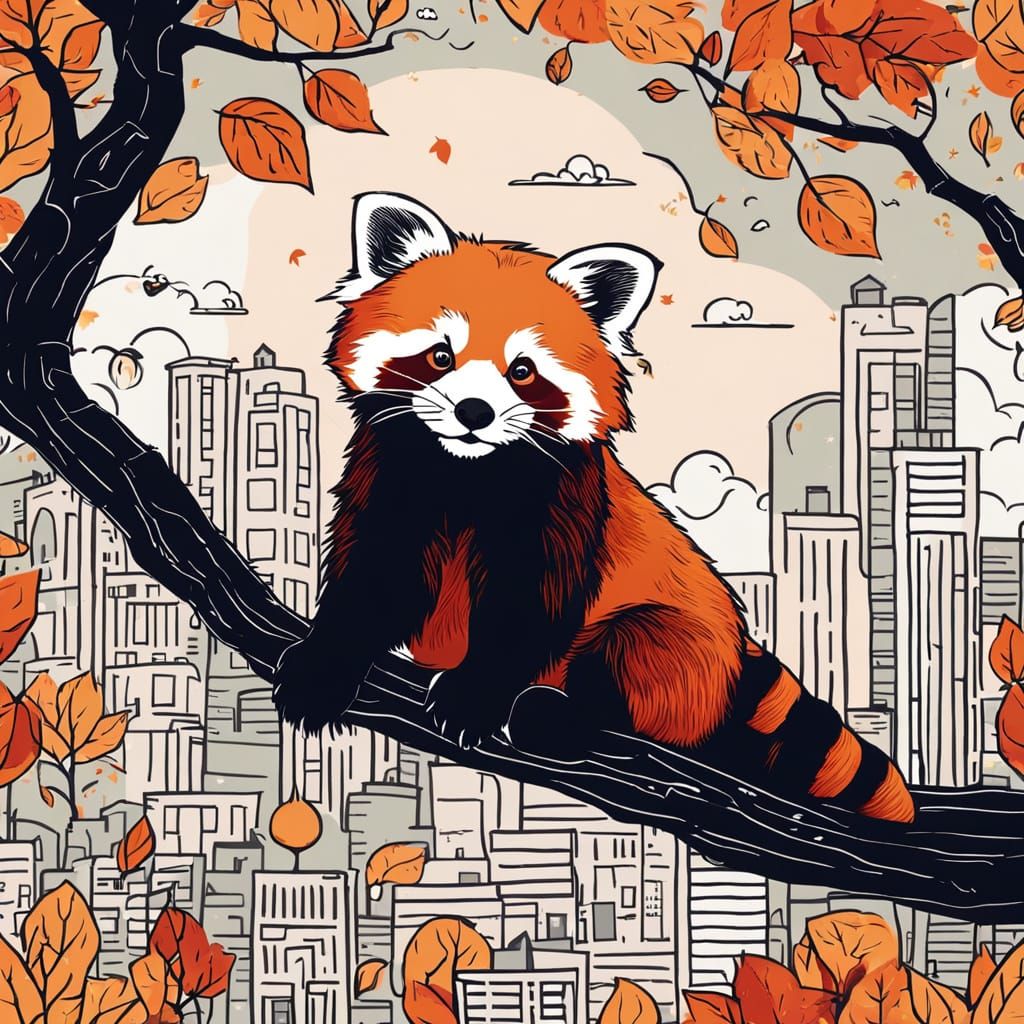 Red Panda in Whimsical Autumn City