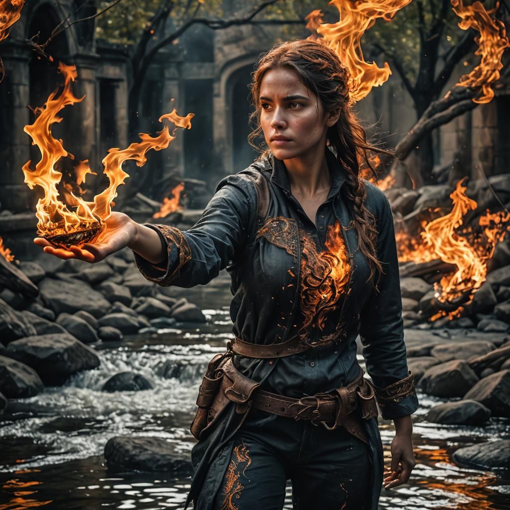 Girl with Fire and Water: Hyperrealistic Image
