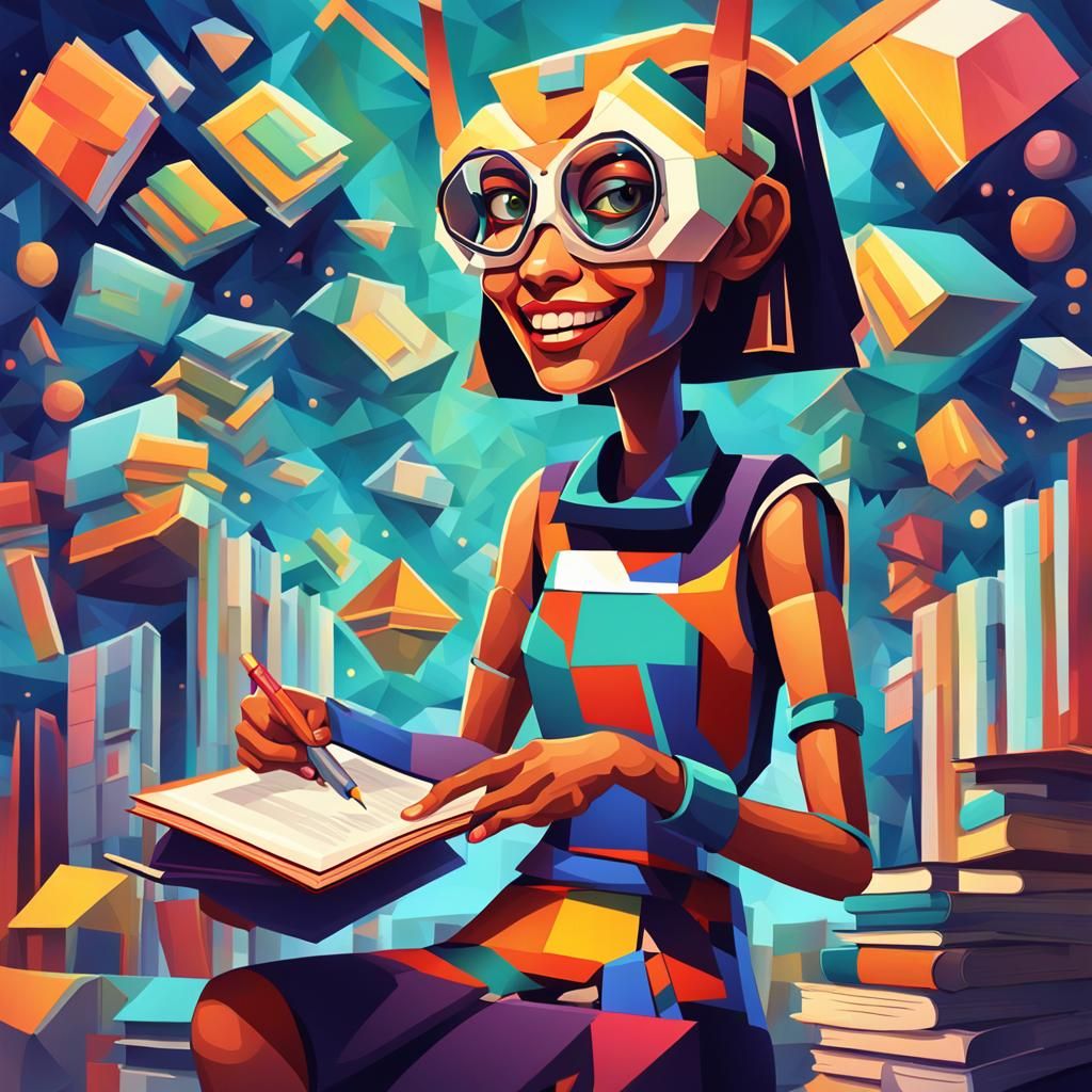 Insectoid Girl at Book Fair in Cubist Style