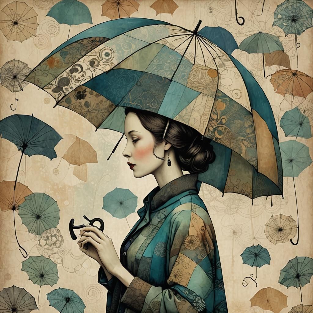Stylized Woman with Umbrella, Whimsical Illustration