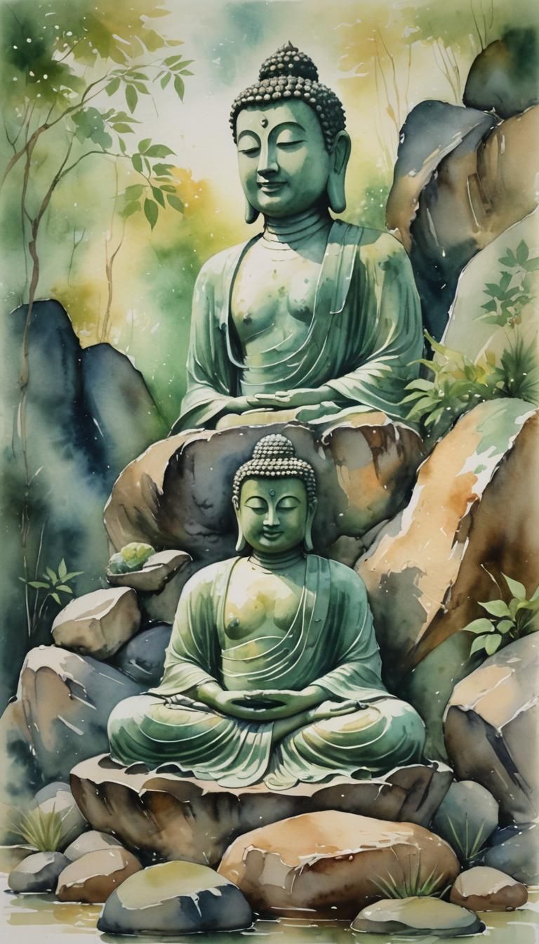 Impressionist Watercolor Buddha on Rock