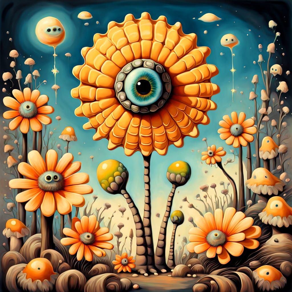 Waffle-Tortoise Hybrid in Eyeball Flower Garden Surrealism
