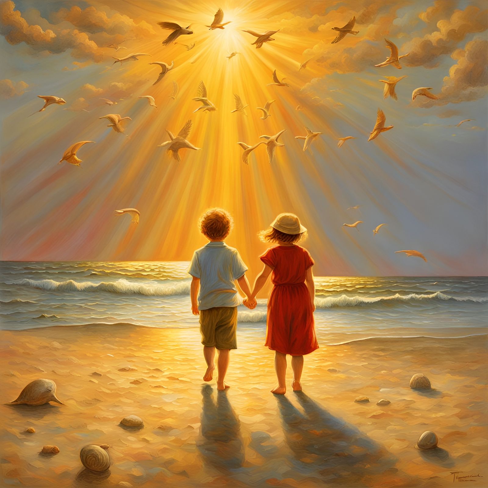 Beach Scene with Children in Golden Light