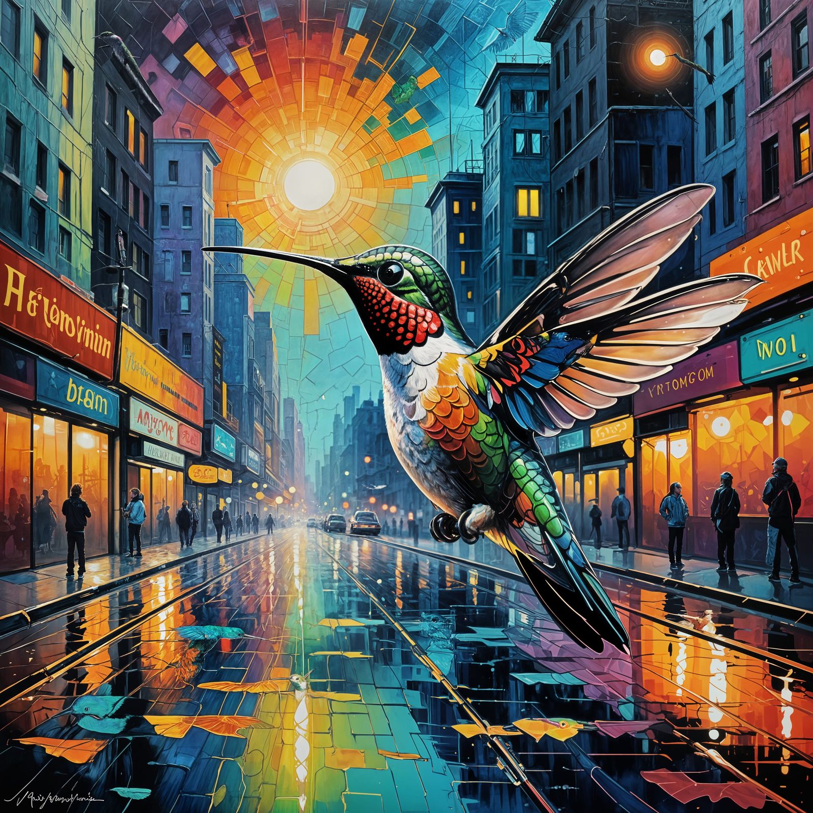 Hummingbird in 80s Airbrush Style with Neon Colors