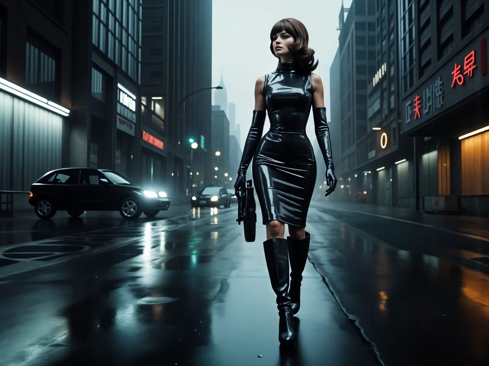 Mysterious Femme Fatale in 2068 Neo-Industrial Cityscape