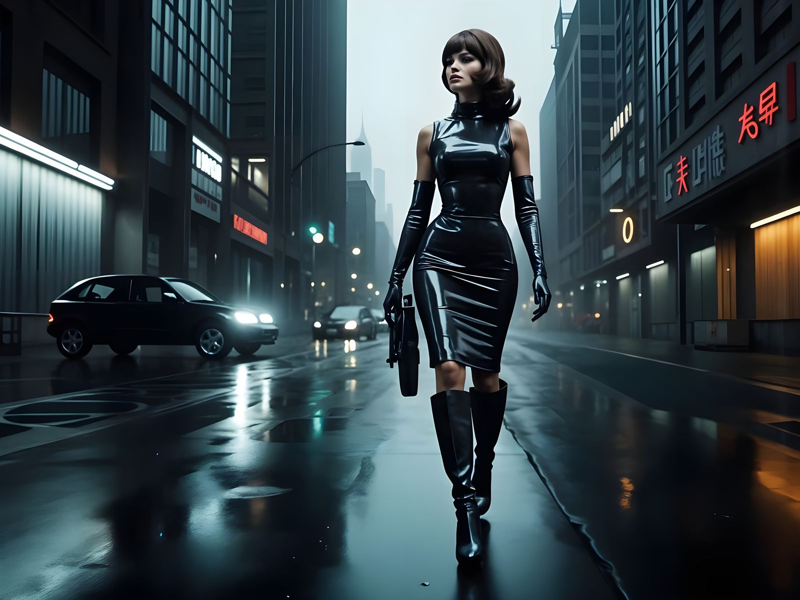 Mysterious Asian Secret Agent in Dark Neo-Industrial Citysca...