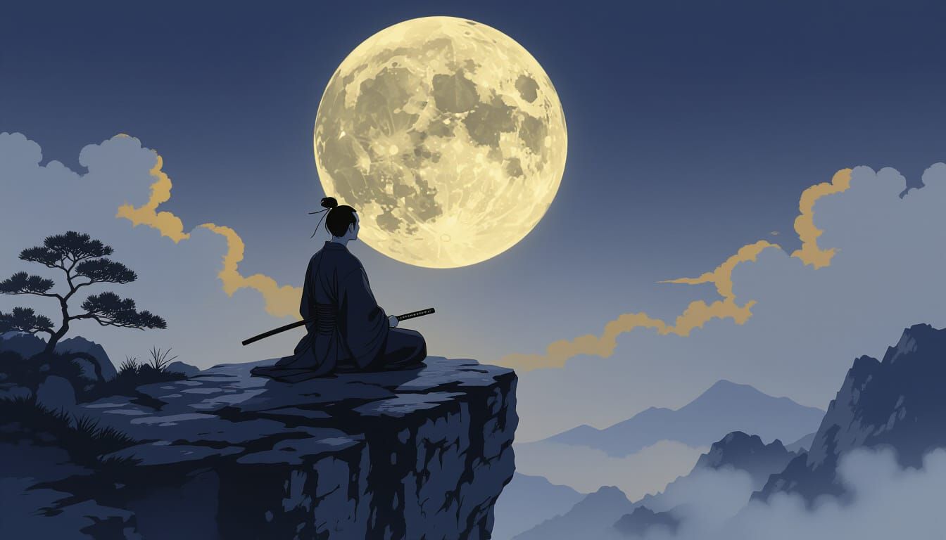 Samurai Meditation under Moon in Sumi-e Style