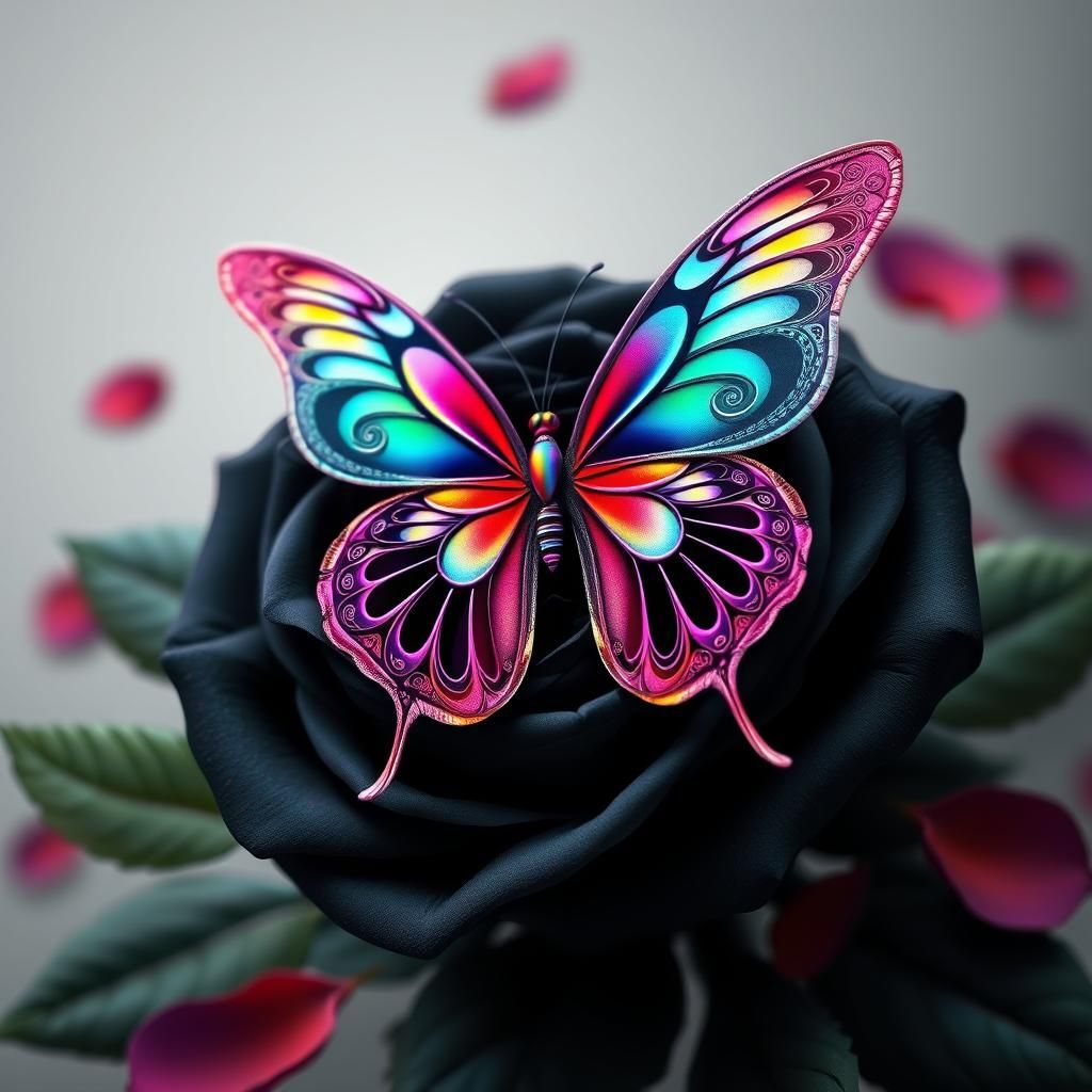 Rainbow Butterfly on Black Roses with Fractal Patterns