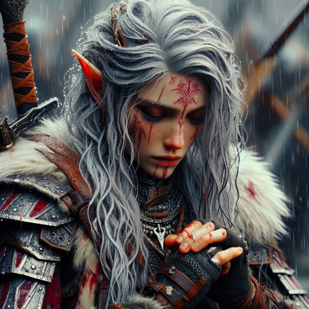 Sorrowful Elven Warrior in Fantasy Battlefield