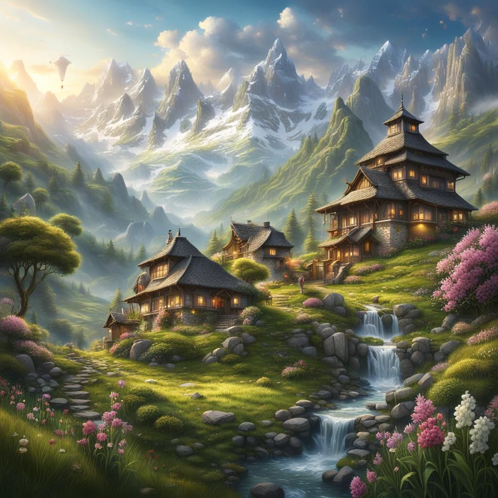 Mountain Village with Wind Chimes at Dawn