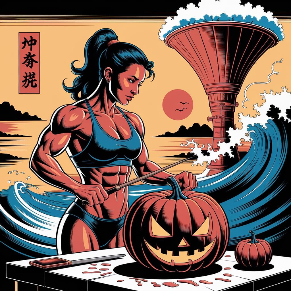 Muscular Woman Carves Pumpkin by the Ocean