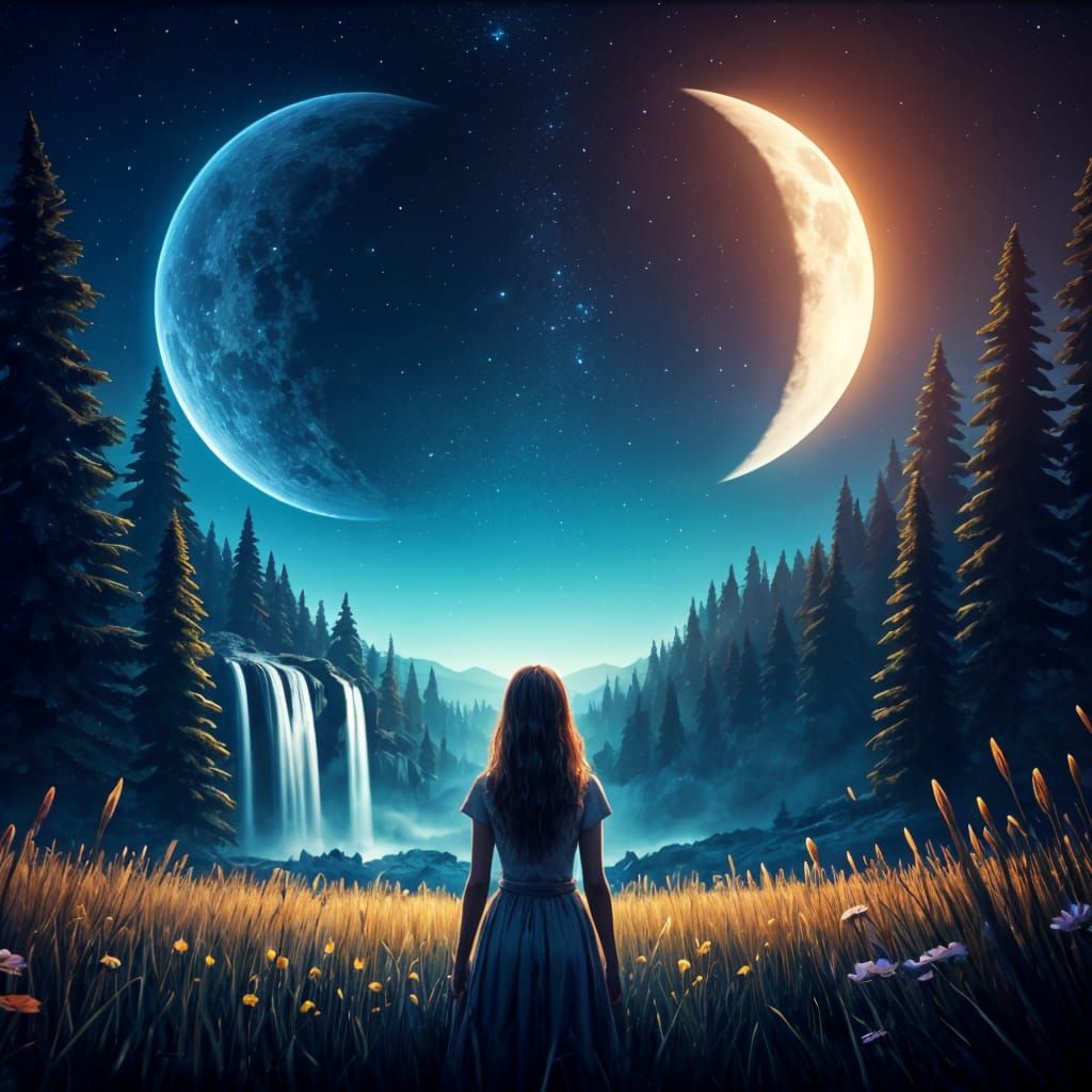 Magical Starry Night: Woman Between Two Worlds