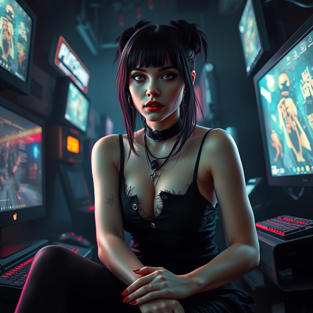 Gothic Woman Embodies Anarcho-Gaming in Cyberpunk Scene
