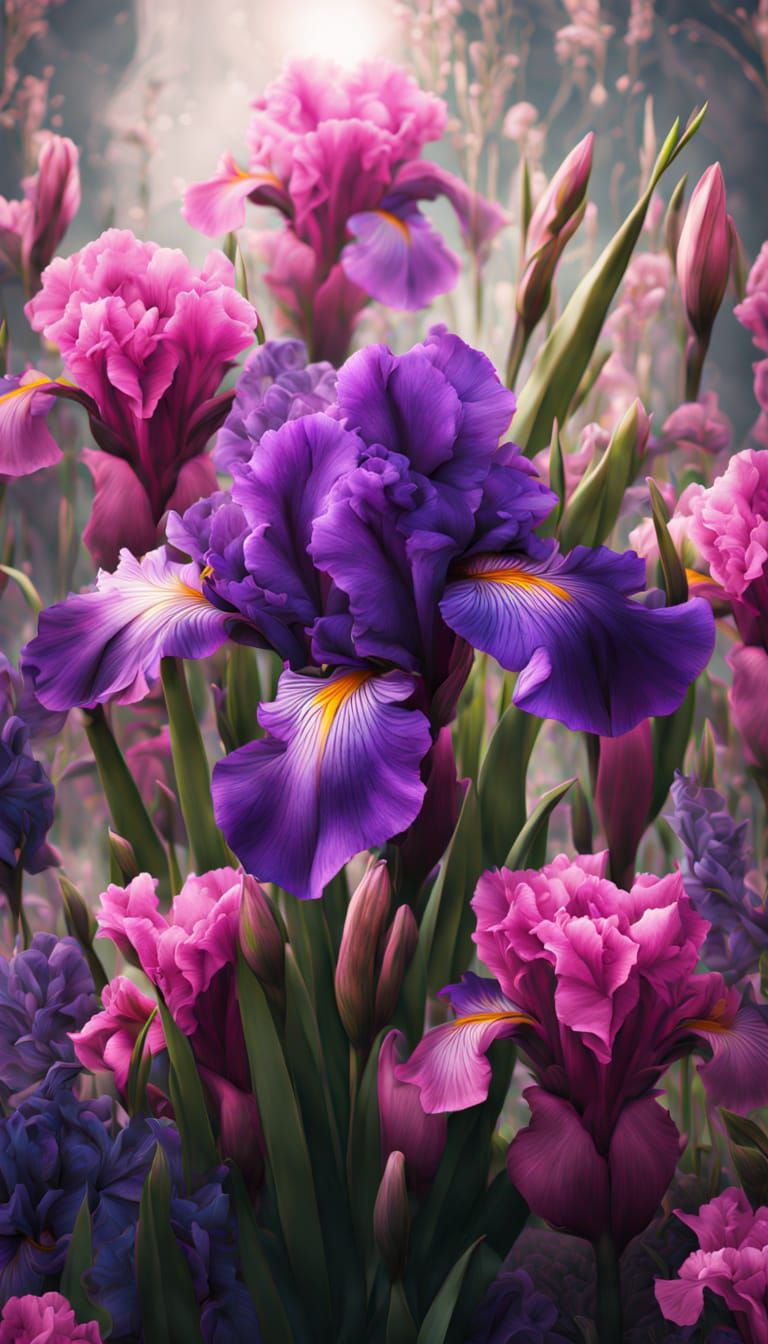 Purple Iris and Pink Flowers: Fantasy Concept Art