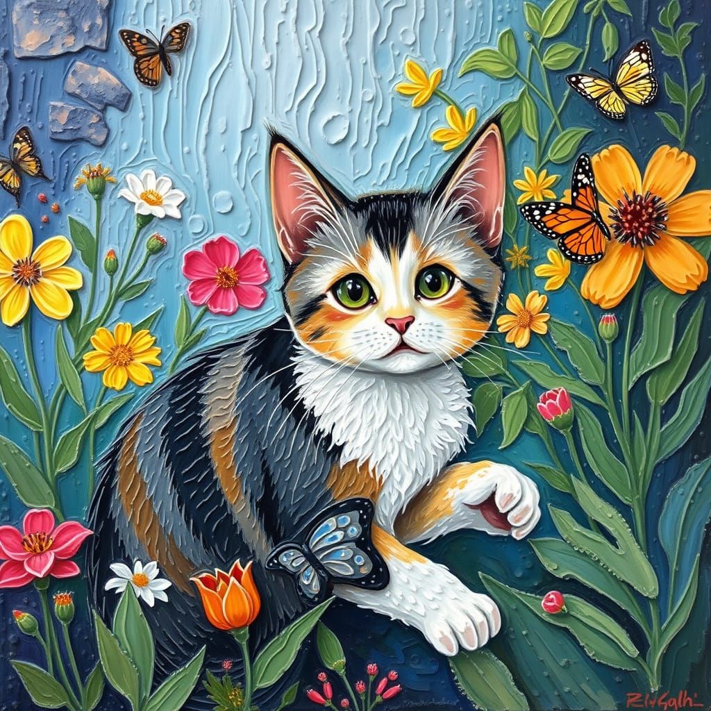 Whimsical Cat Chasing Butterfly in Garden