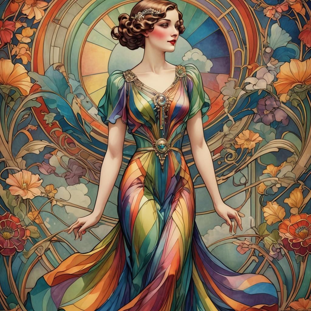 Elegant Woman in Rainbow Dress: Art Deco Nouveau
