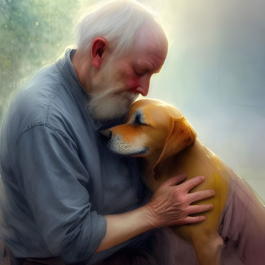 Touching Portrait of Man Embracing Dog in Gouache